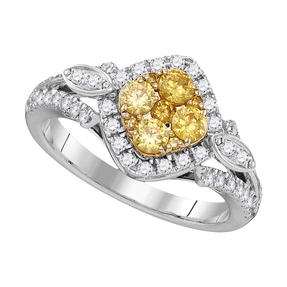 14kt White Gold Womens Round Yellow Diamond Cluster Ring 1.00 Cttw