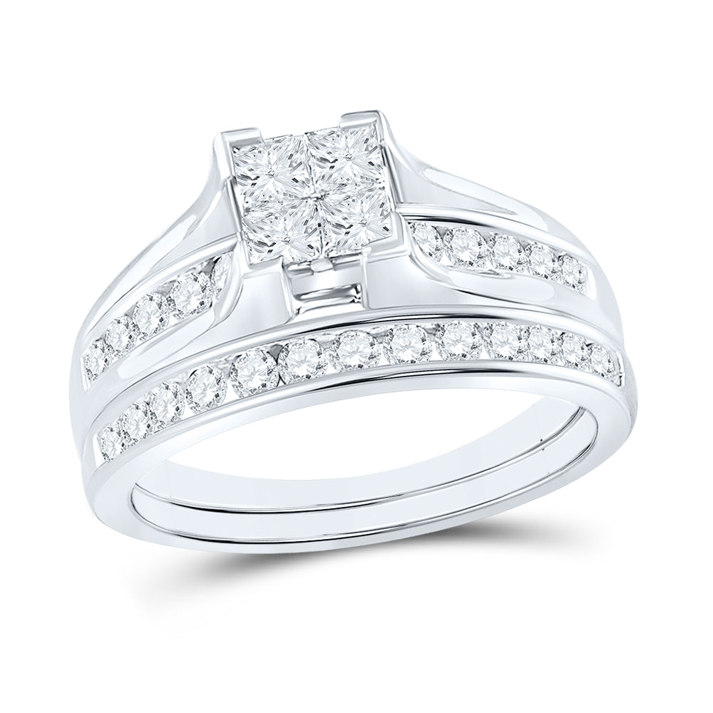 10kt White Gold Womens Princess Diamond Bridal Wedding Engagement Ring Band Set 7/8 Cttw