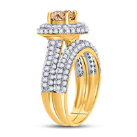 Load image into Gallery viewer, 14kt Yellow Gold Womens Round Brown Diamond Halo Bridal Wedding Engagement Ring Band Set 2.00 Cttw
