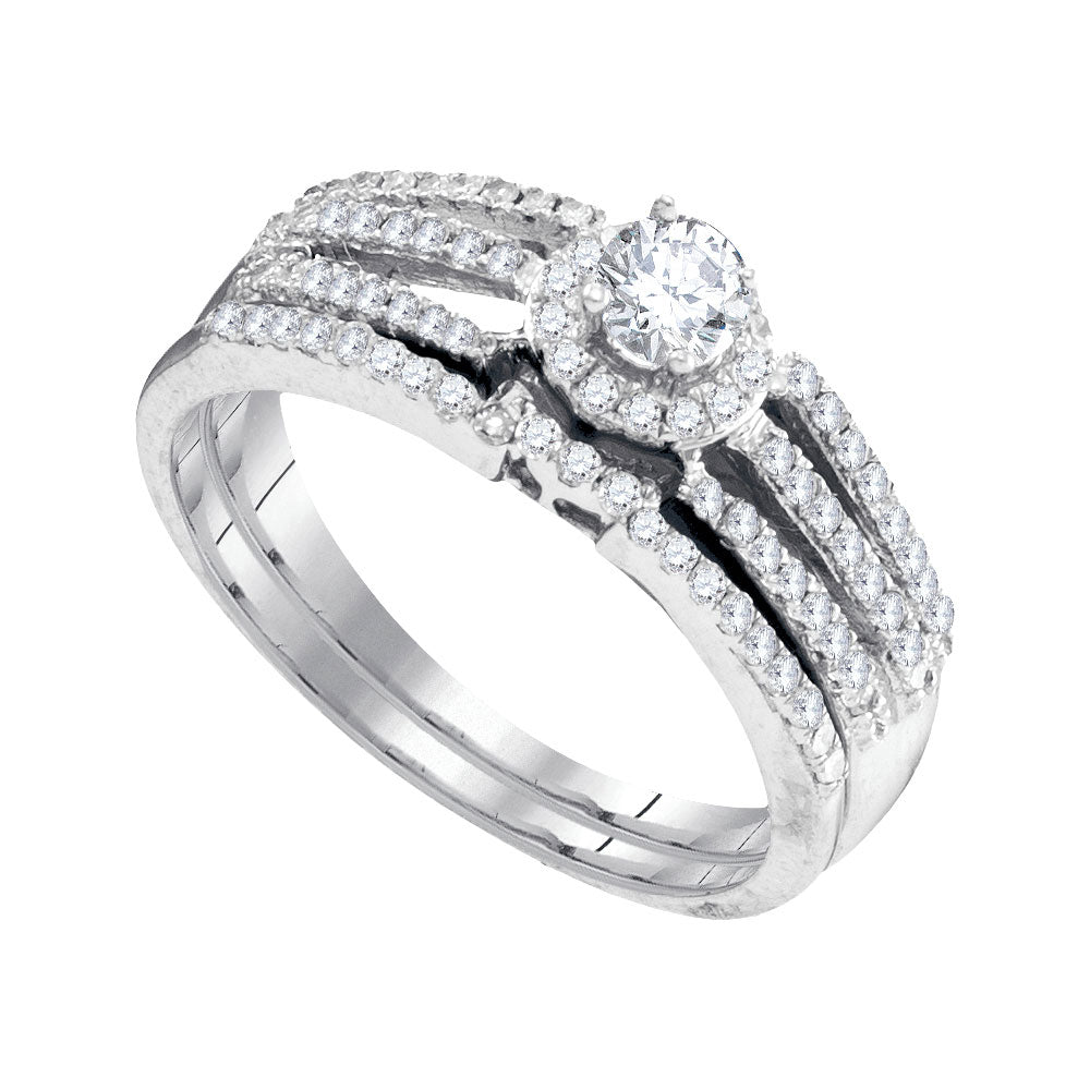 10kt White Gold Womens Round Diamond Halo Bridal Wedding Engagement Ring Band Set 1/2 Cttw