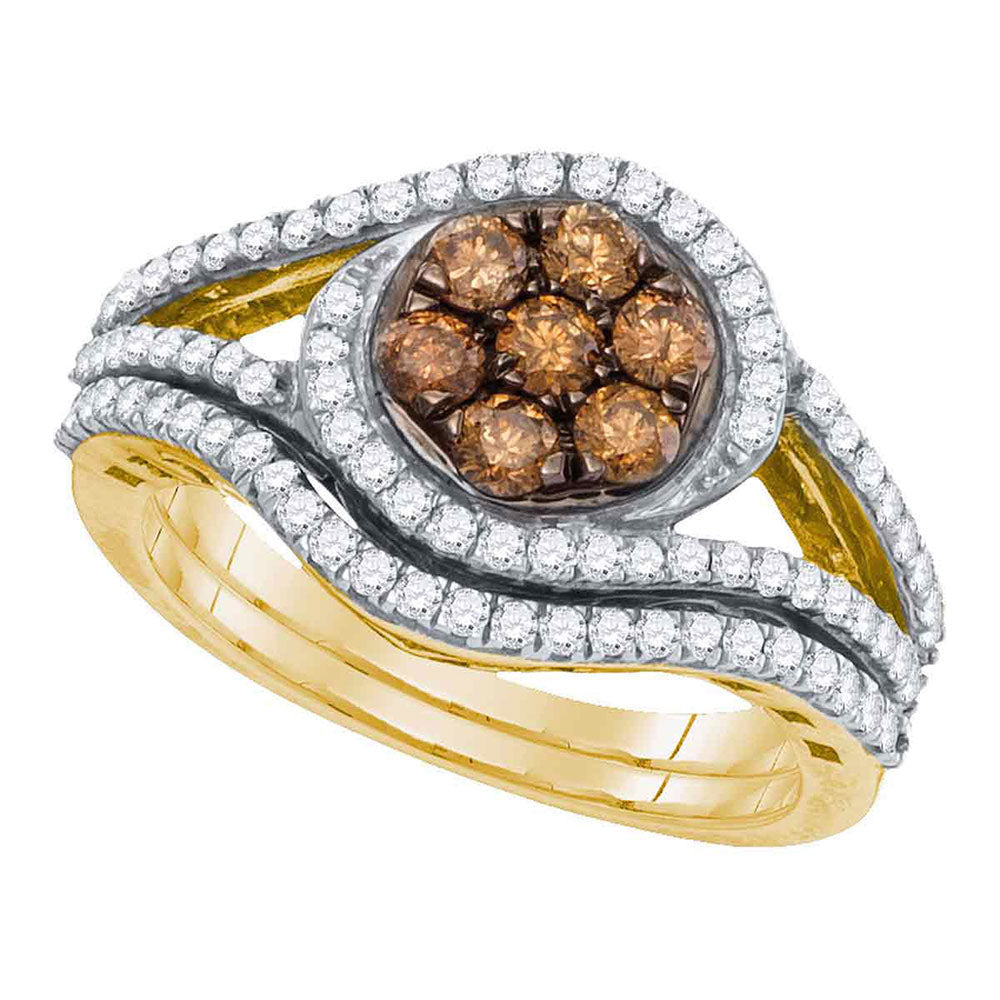 10kt Yellow Gold Womens Round Brown Diamond Bridal Wedding Engagement Ring Band Set 1.00 Cttw