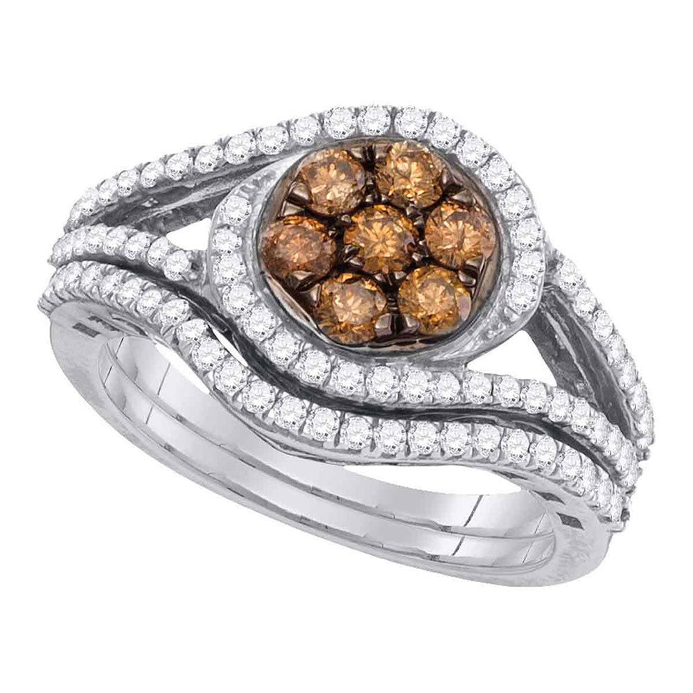 10kt White Gold Womens Round Brown Diamond Bridal Wedding Engagement Ring Band Set 1.00 Cttw