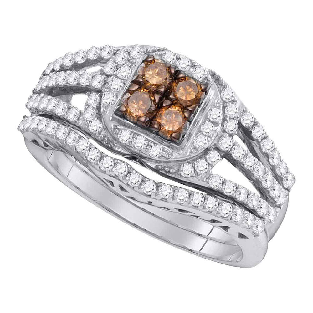 10kt White Gold Womens Round Brown Diamond Bridal Wedding Engagement Ring Band Set 1 Cttw