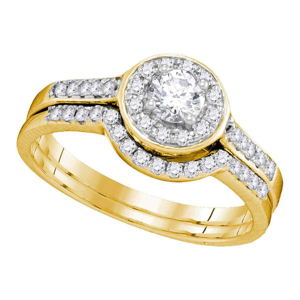 14kt Yellow Gold Womens Diamond Round Halo Bridal Wedding Engagement Ring Band Set 1/2 Cttw
