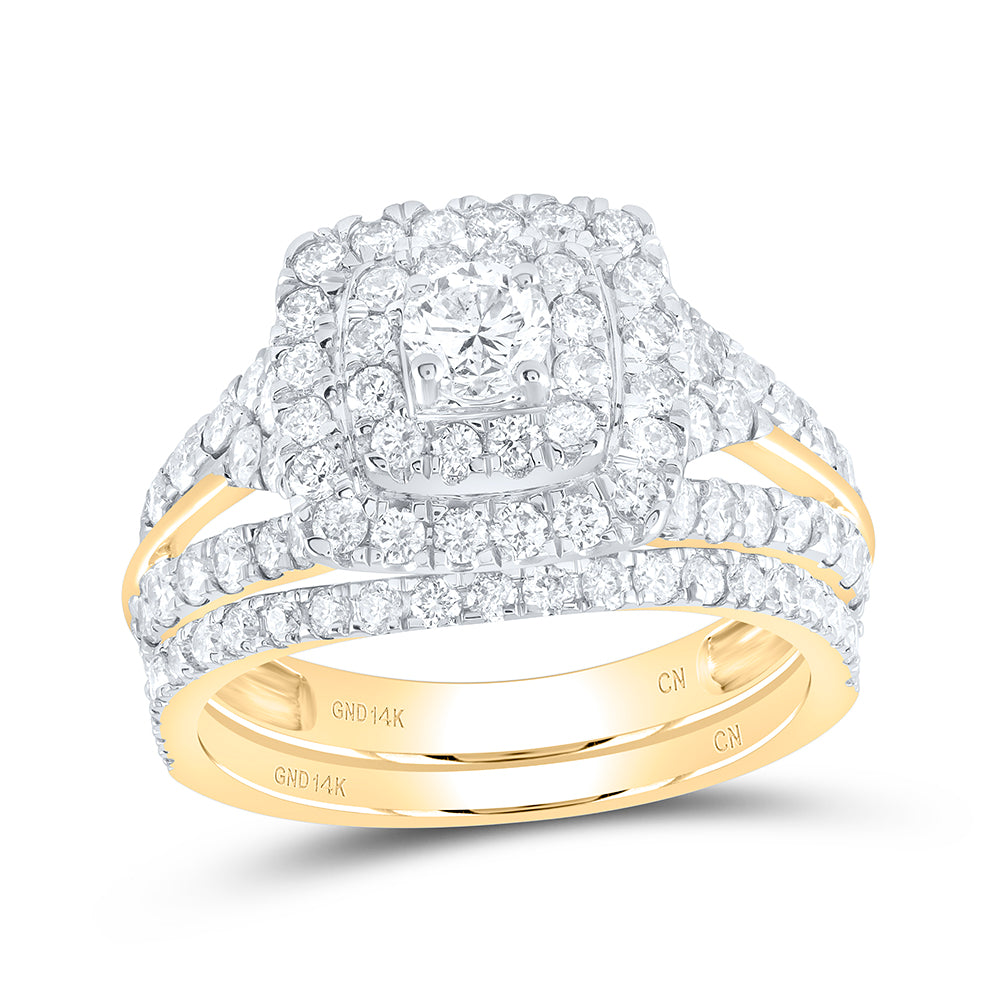 14kt Yellow Gold Womens Round Diamond Certified Double Halo Bridal Wedding Engagement Ring Band Set 1-7/8 Cttw