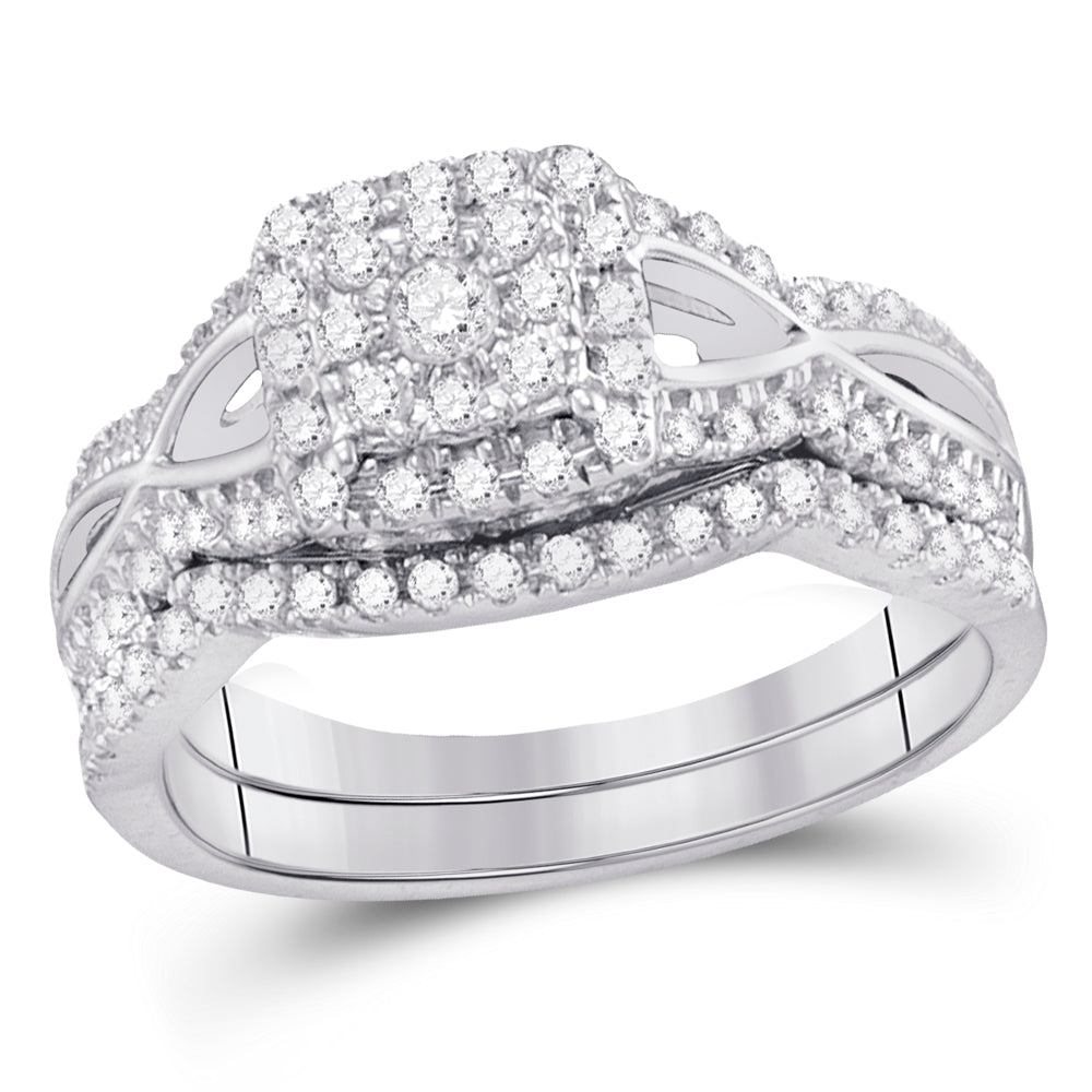 14kt White Gold Womens Round Diamond Split-shank Halo Bridal Wedding Engagement Ring Band Set 1/2 Cttw