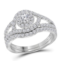 Load image into Gallery viewer, 14kt White Gold Womens Round Diamond Split-shank Halo Bridal Wedding Engagement Ring Band Set 1-1/4 Cttw
