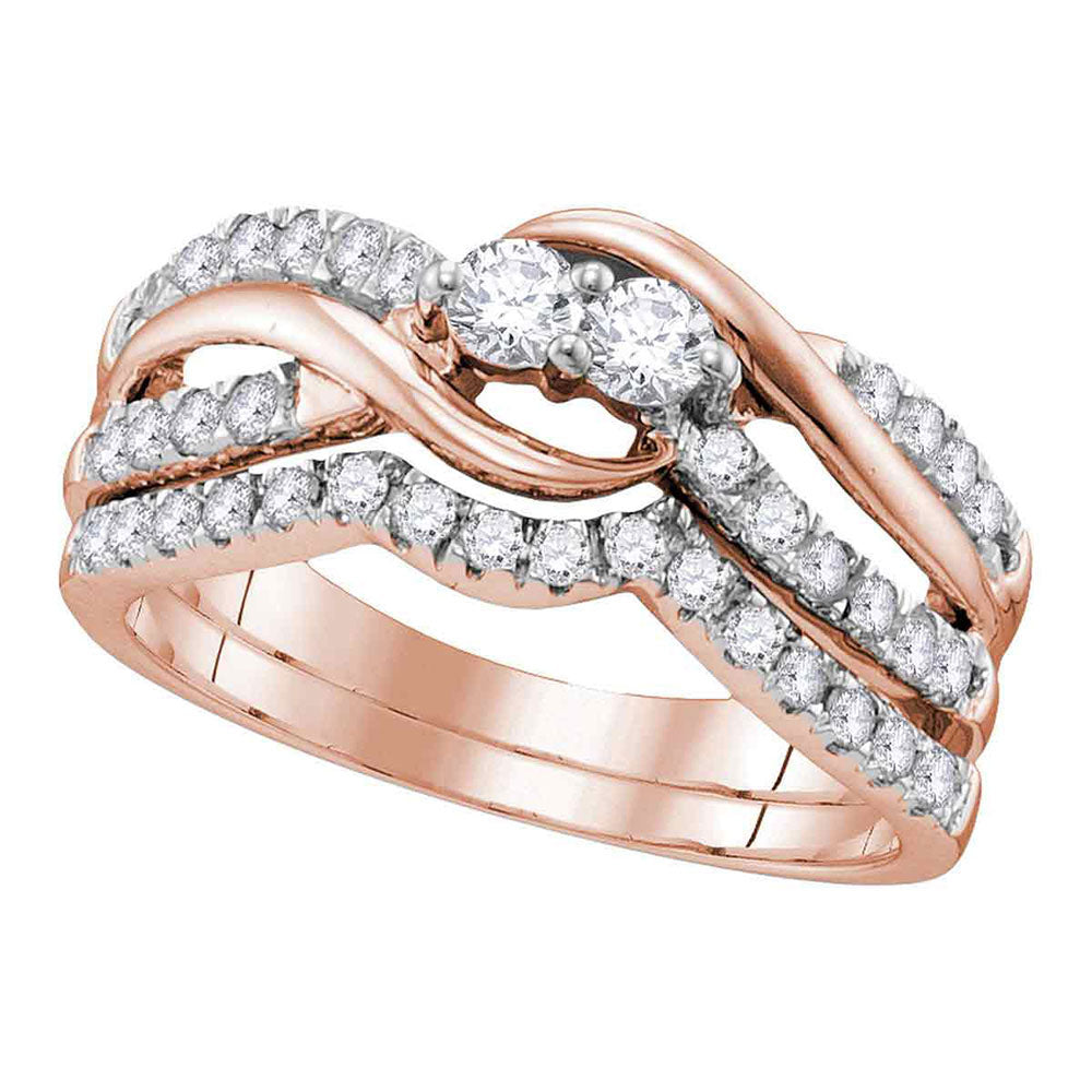 14kt Rose Gold Womens Round Diamond 2-Stone Bridal Wedding Engagement Ring Band Set 3/4 Cttw
