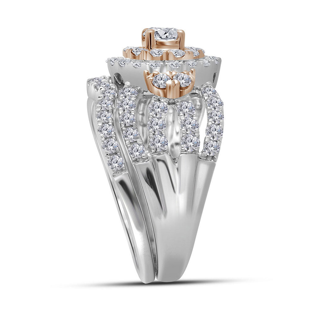 14kt White Rose 2-tone Gold Womens Round Diamond Halo Bridal Wedding Engagement Ring Band Set 1-1/2 Cttw