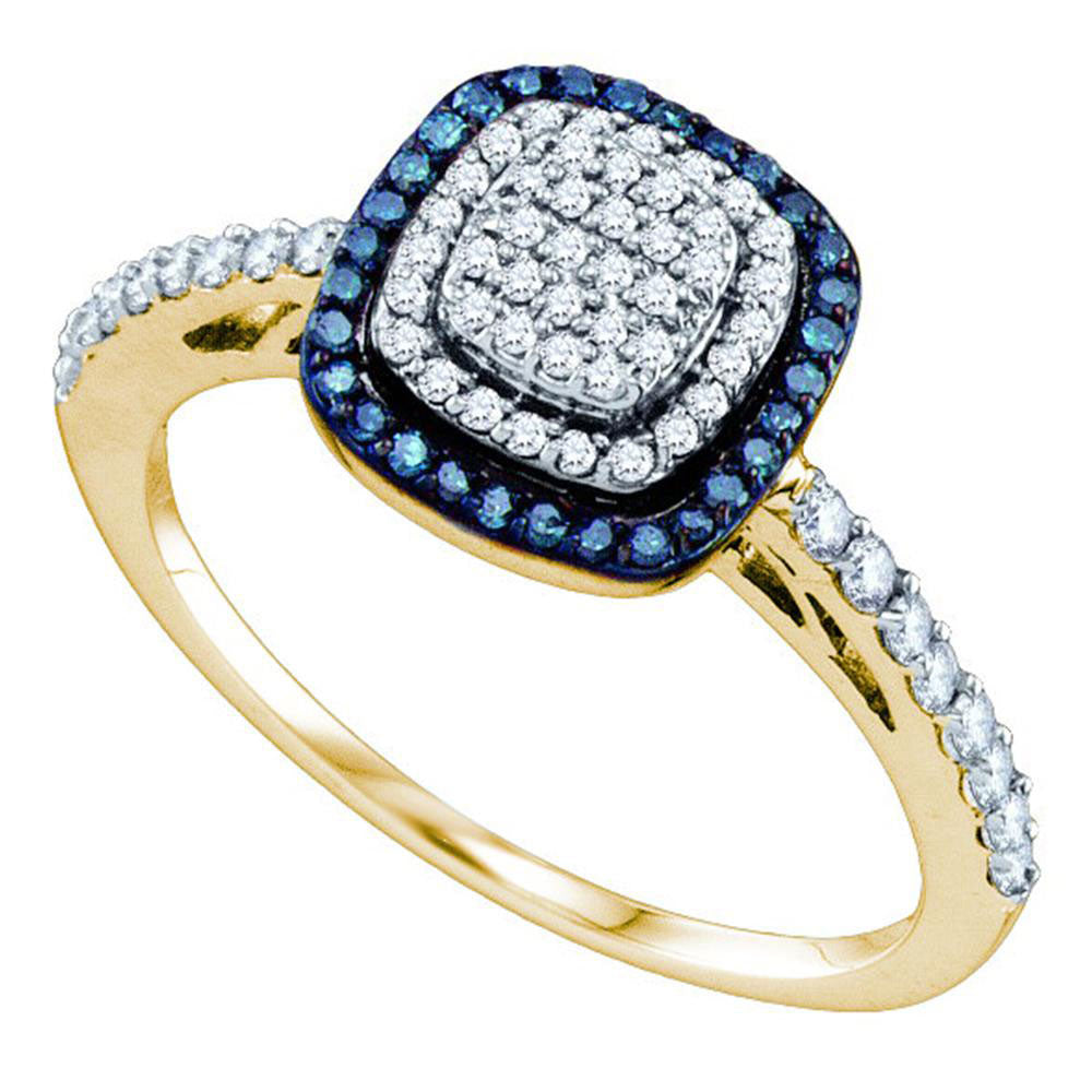 10k Yellow Gold Womens Blue Color Enhanced Diamond Square-shape Cluster Ring 3/8 Cttw