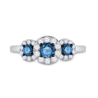 Load image into Gallery viewer, 10kt White Gold Womens Round Blue Color Enhanced Diamond 3-stone Bridal Wedding Engagement Ring 1.00 Cttw
