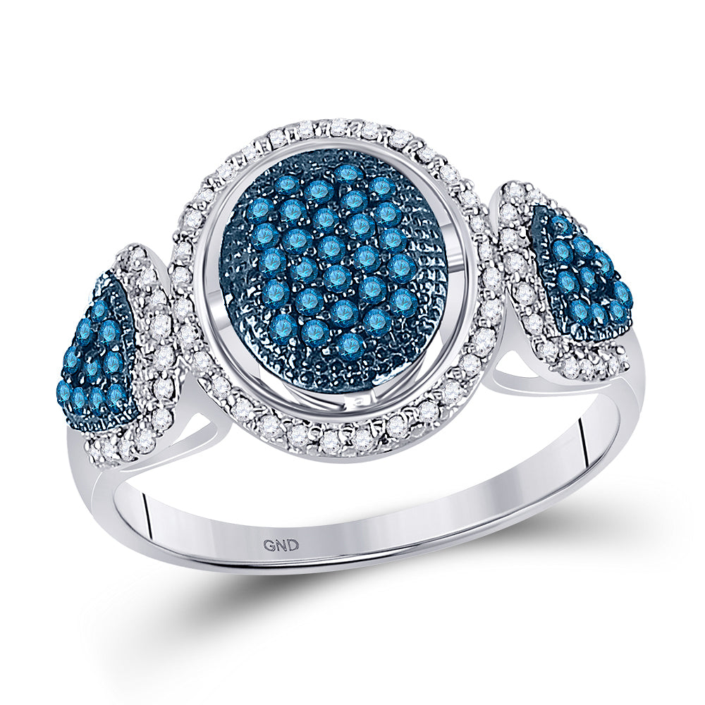 10kt White Gold Womens Round Blue Color Enhanced Diamond Oval Cluster Ring 1/2 Cttw