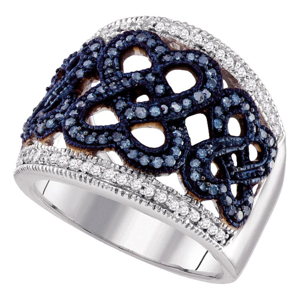 10kt White Gold Womens Round Blue Color Enhanced Diamond Linked Heart Ring 1/2 Cttw