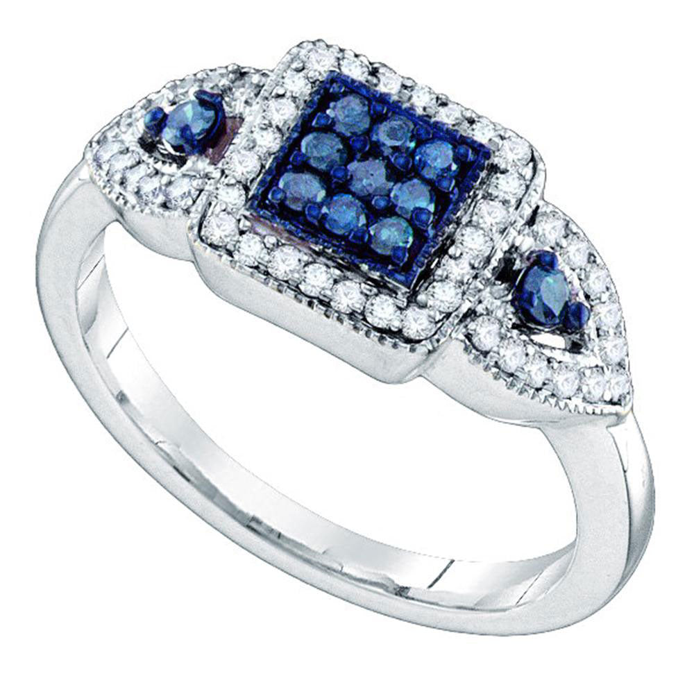 10kt White Gold Womens Round Blue Color Enhanced Diamond Square Cluster Ring 1/2 Cttw