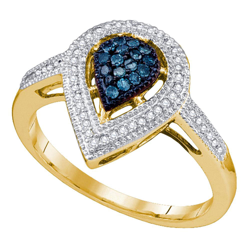 10kt Yellow Gold Womens Round Blue Color Enhanced Diamond Teardrop Cluster Ring 1/4 Cttw