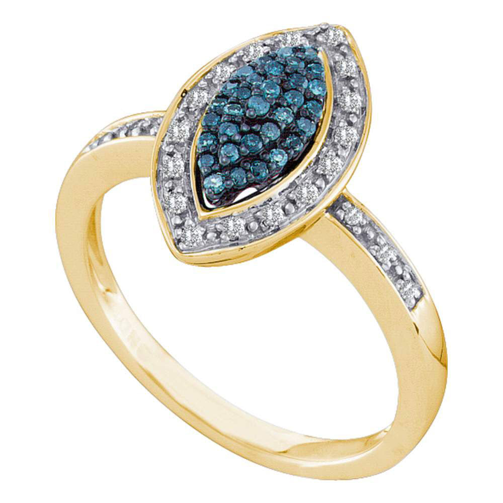 10kt Yellow Gold Womens Round Blue Color Enhanced Diamond Marquise-shape Cluster Ring 1/4 Cttw