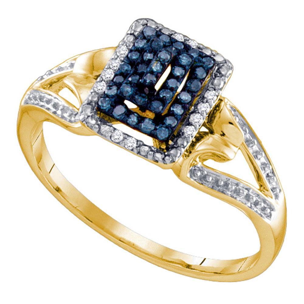 10kt Yellow Gold Womens Round Blue Color Enhanced Diamond Cluster Ring 1/6 Cttw
