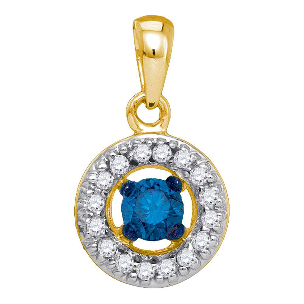 10kt Yellow Gold Womens Round Blue Color Enhanced Diamond Circle Solitaire Pendant 1/4 Cttw