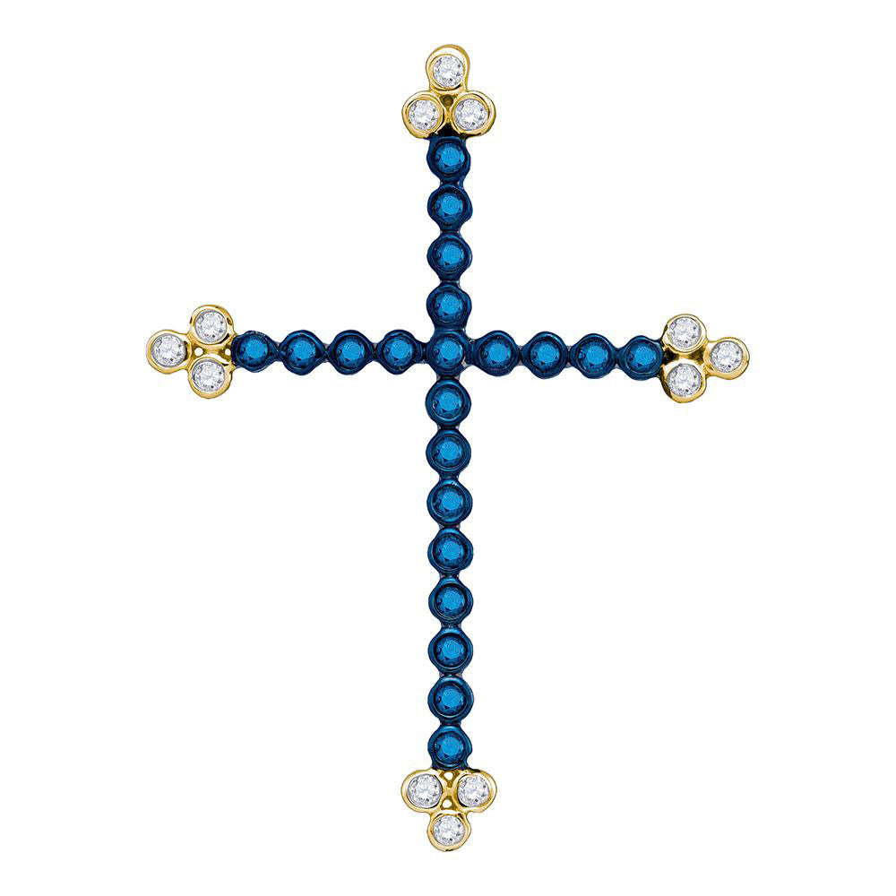 10kt Yellow Gold Womens Round Blue Color Enhanced Diamond Cross Faith Pendant 1/3 Cttw