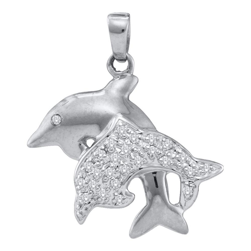 10kt White Gold Womens Round Diamond Double Dolphin Fish Animal Pendant 1/8 Cttw