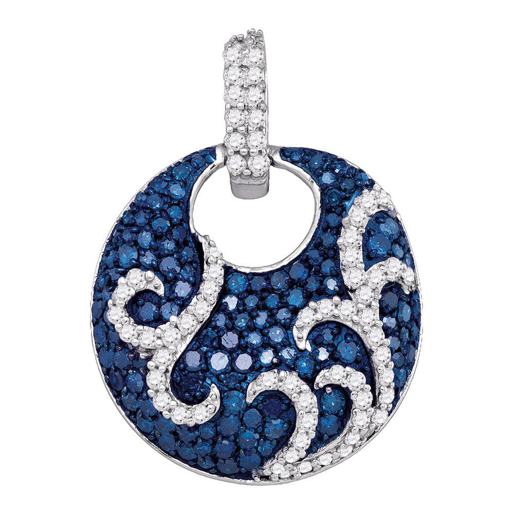 10kt White Gold Womens Round Blue Color Enhanced Diamond Curl Stripe Circle Pendant 1/2 Cttw