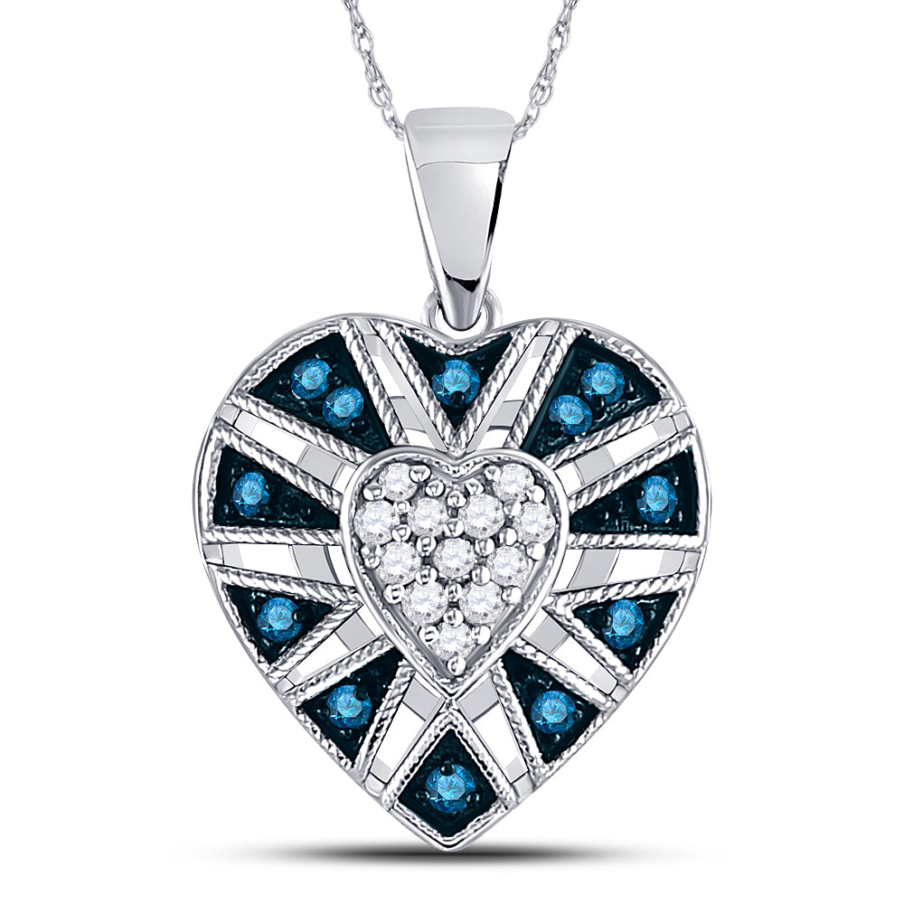 10kt White Gold Womens Round Blue Color Enhanced Diamond Milgrain Heart Cluster Pendant 1/4 Cttw