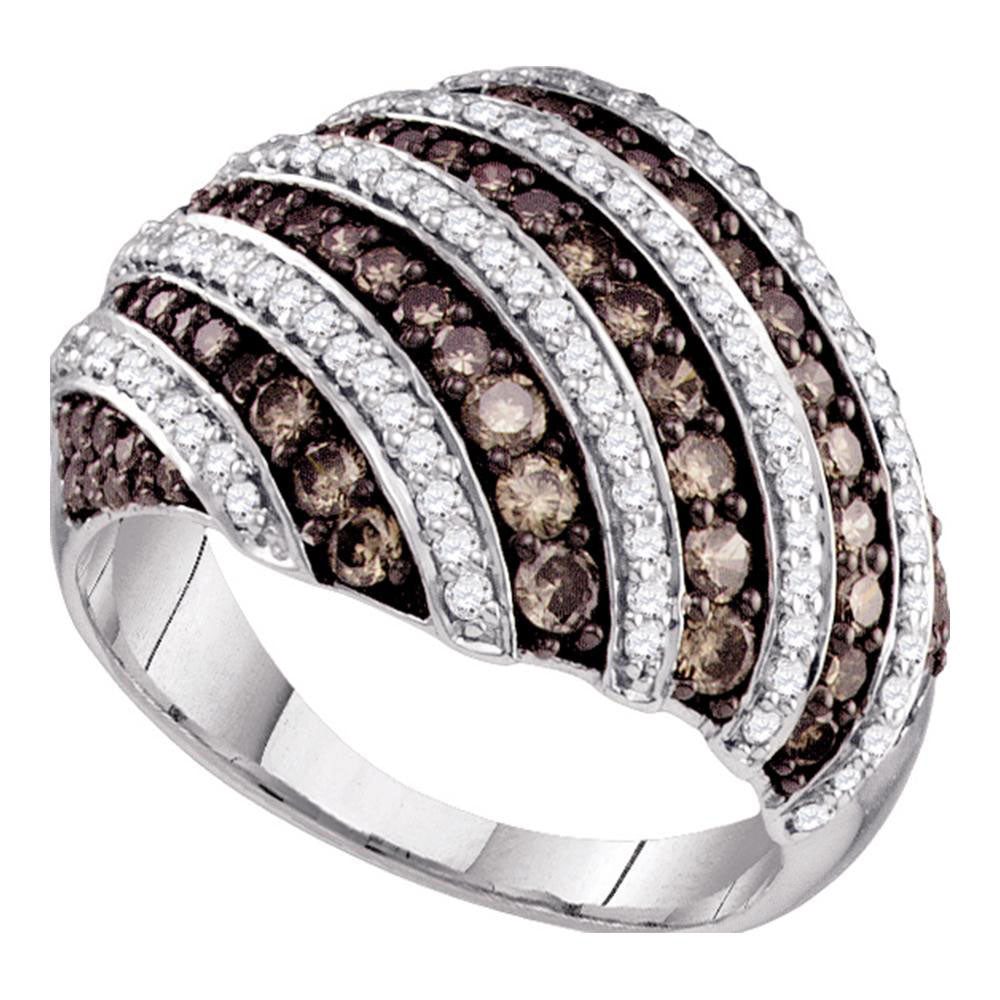 10kt White Gold Womens Round Brown Diamond Stripe Fashion Ring 1-1/3 Cttw