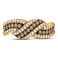 Load image into Gallery viewer, 10kt Yellow Gold Womens Round Brown Diamond Crossover Band Ring 3/4 Cttw
