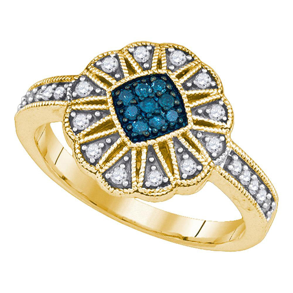 10kt Yellow Gold Womens Color Enhanced Blue Diamond Cluster Ring 1/4 Cttw