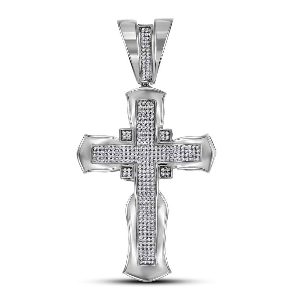 10kt White Gold Mens Round Diamond Flared Cross Crucifix Charm Pendant 1.00 Cttw
