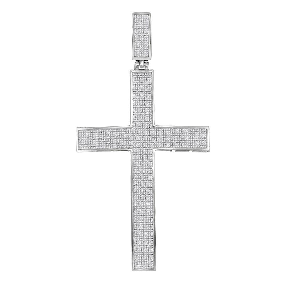 10kt White Gold Mens Round Pave-set Diamond Cross Crucifix Charm Pendant 2-1/4 Cttw