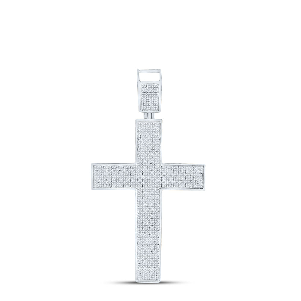 10kt White Gold Mens Round Diamond Cross Charm Pendant 1-7/8 Cttw