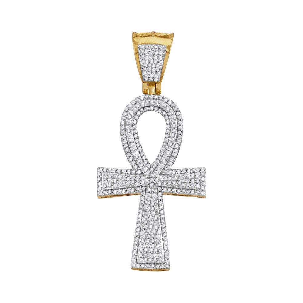 10kt Yellow Gold Mens Round Diamond Ankh Flared Cross Charm Pendant 1.00 Cttw