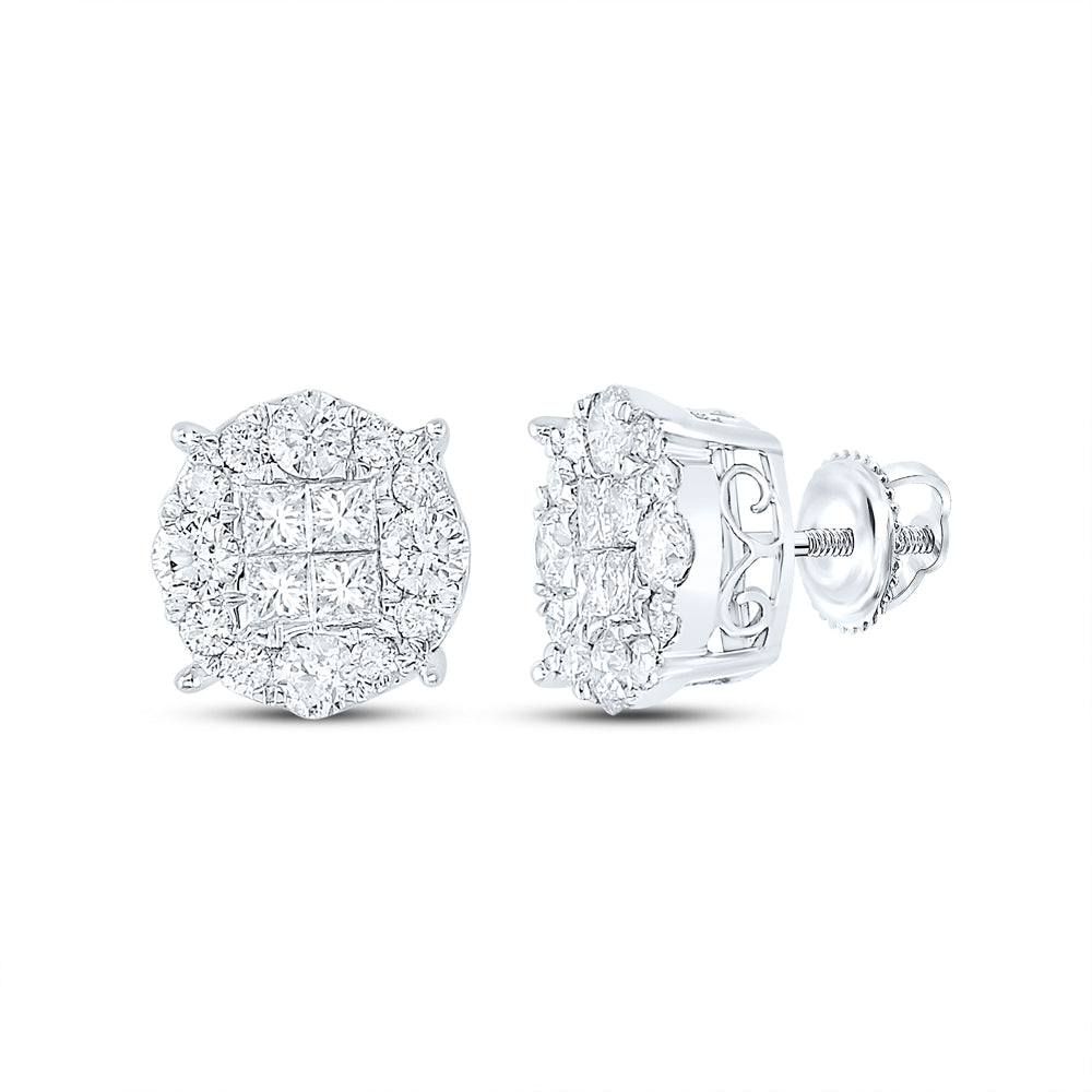 14kt White Gold Womens Princess Round Diamond Cluster Earrings 2.00 Cttw