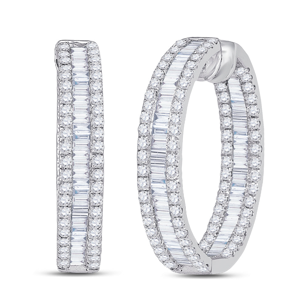 14kt White Gold Womens Baguette Round Diamond Inside Outside Hoop Earrings 3-1/3 Cttw