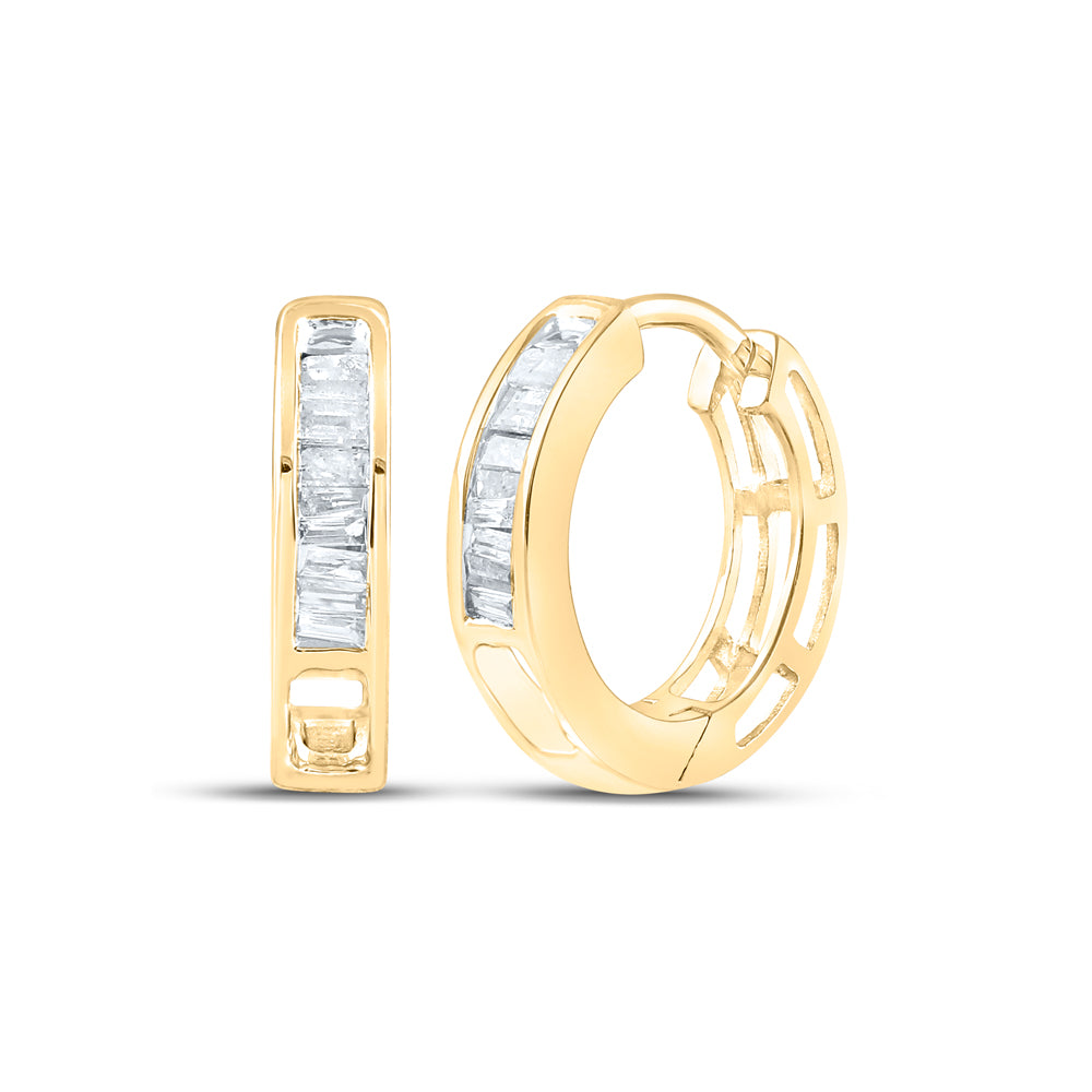 10kt Yellow Gold Womens Baguette Diamond Huggie Hoop Earrings 1/8 Cttw