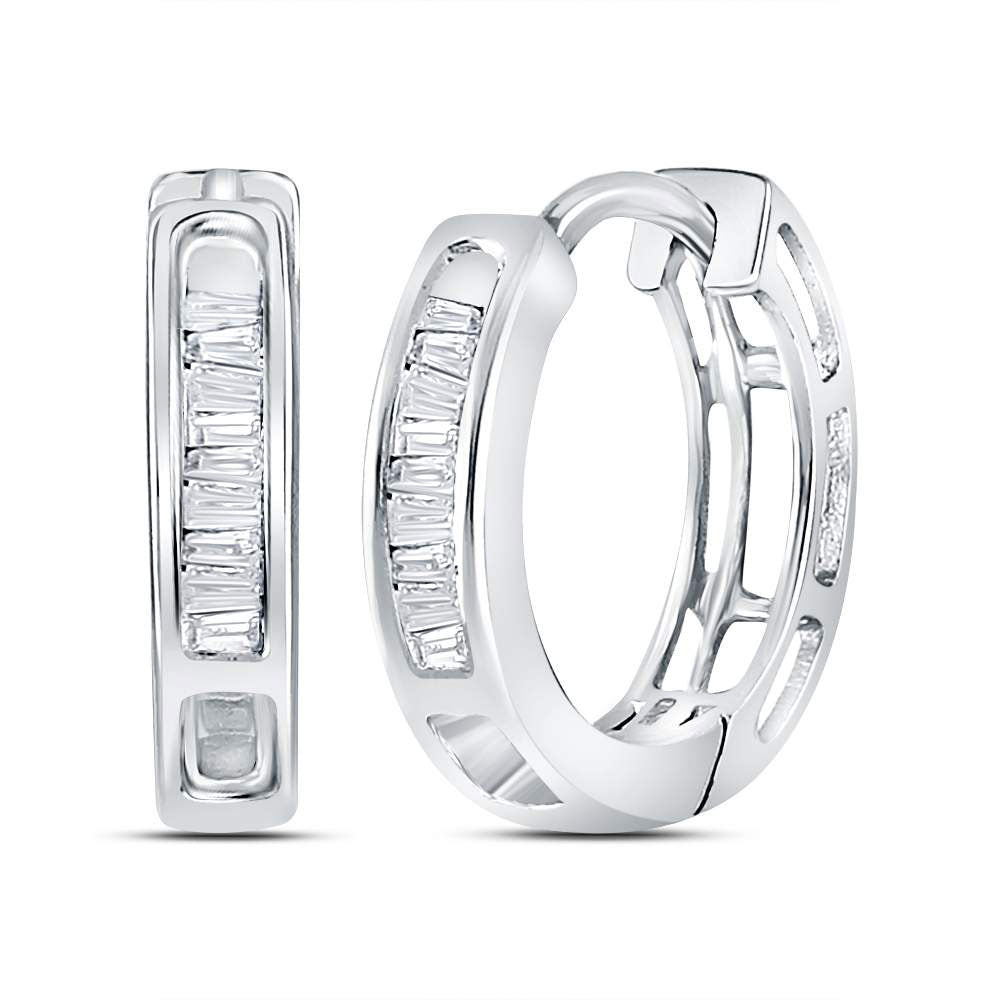14kt White Gold Womens Baguette Diamond Huggie Earrings 1/6 Cttw