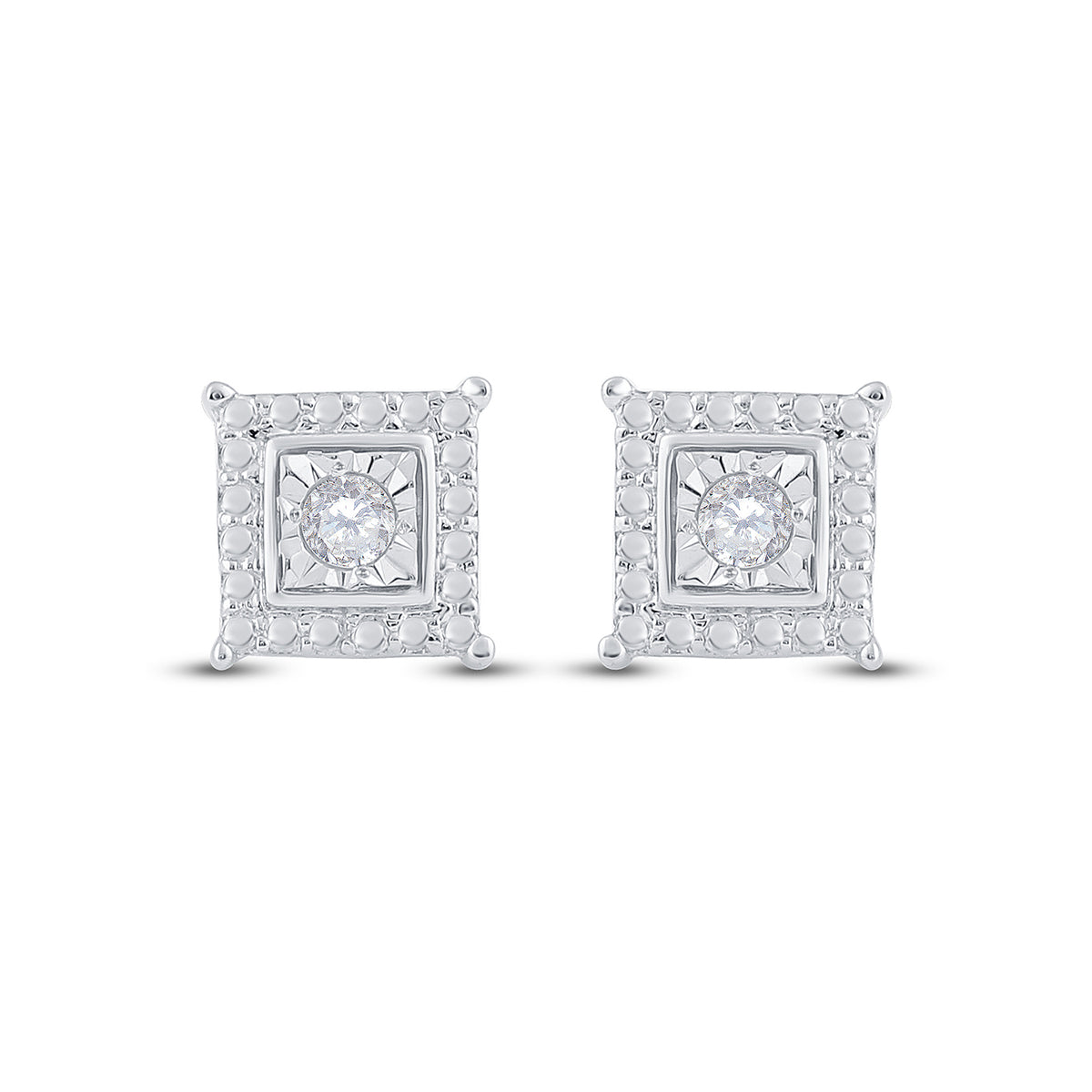 Sterling Silver Womens Round Diamond Solitaire Square Stud Earrings 1/10 Cttw
