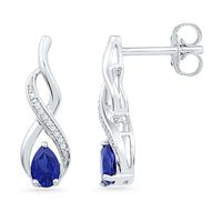 Load image into Gallery viewer, 10kt Yellow Gold Womens Pear Lab-Created Blue Sapphire Diamond Earrings 1.00 Cttw
