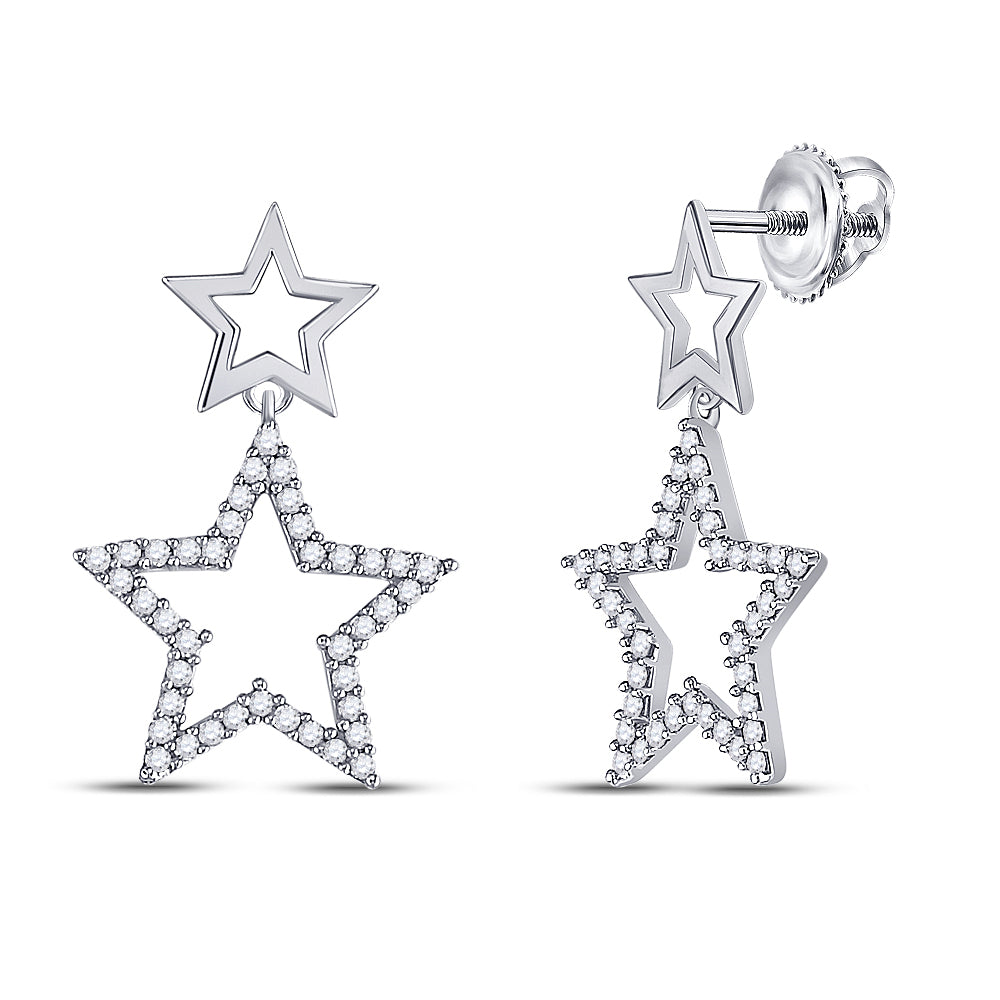 10kt White Gold Womens Round Diamond Double Star Dangle Screwback Earrings 1/4 Cttw