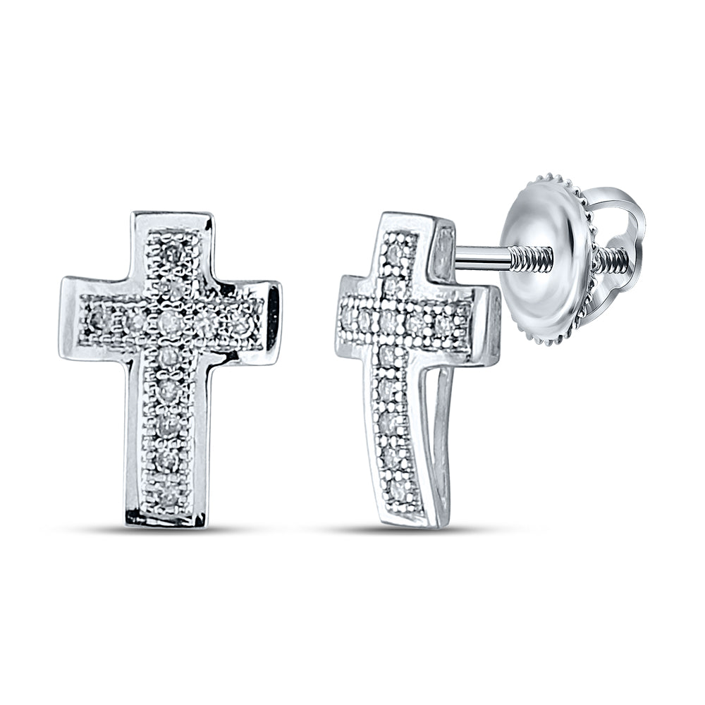 10kt White Gold Womens Round Diamond Cross Cluster Earrings 1/10 Cttw