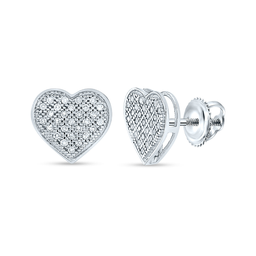 10kt White Gold Womens Round Diamond Heart Cluster Screwback Earrings 1/6 Cttw