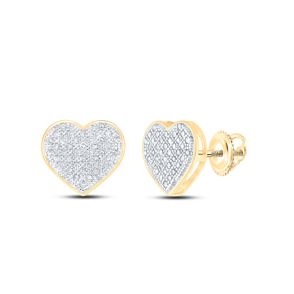 10kt Yellow Gold Womens Round Diamond Heart Cluster Screwback Earrings 1/5 Cttw