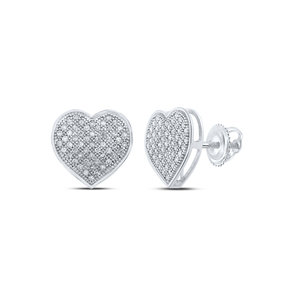 10kt White Gold Womens Round Diamond Heart Cluster Screwback Earrings 1/3 Cttw