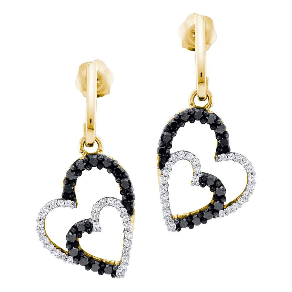 10kt Yellow Gold Womens Round Black Color Enhanced Diamond Double Heart Dangle Screwback Earrings 1/2 Cttw