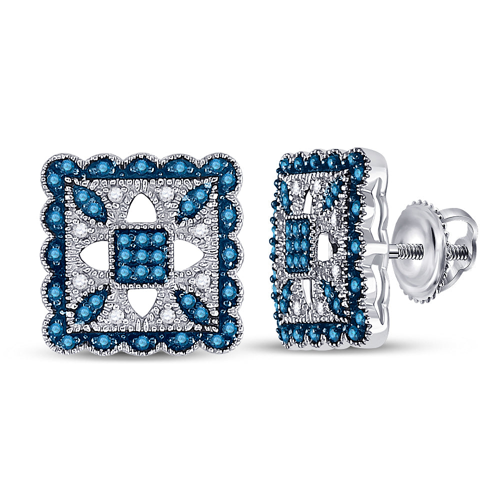 10kt White Gold Womens Round Blue Color Enhanced Diamond Square Cluster Earrings 1/4 Cttw