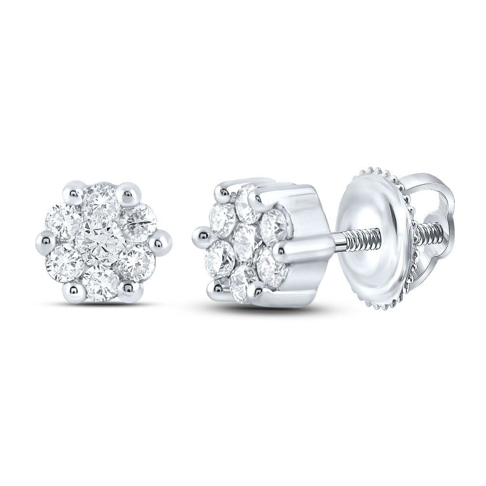 14kt White Gold Womens Round Diamond Flower Cluster Stud Earrings 1/6 Cttw