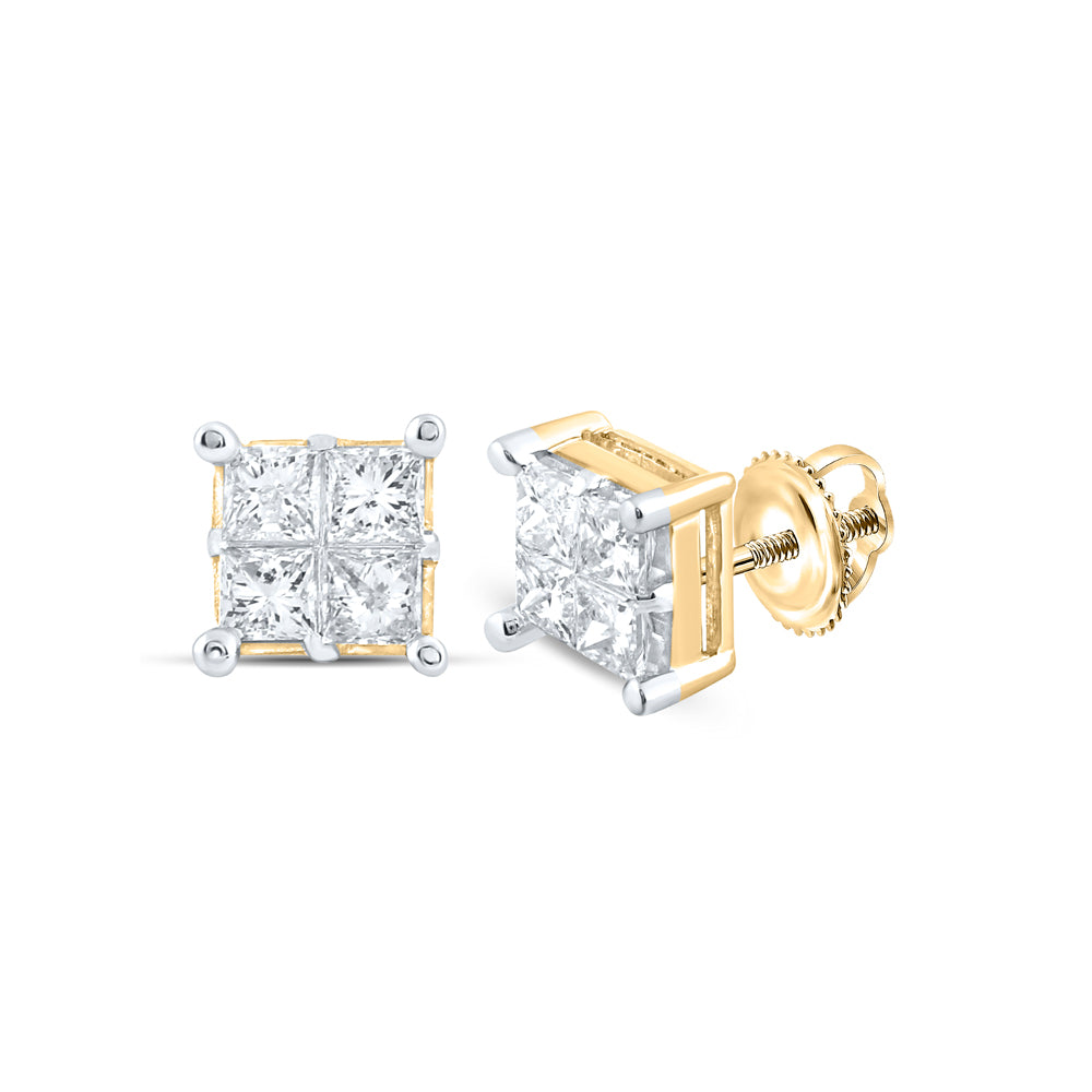 14kt Yellow Gold Womens Princess Diamond Square Cluster Stud Earrings 1.00 Cttw