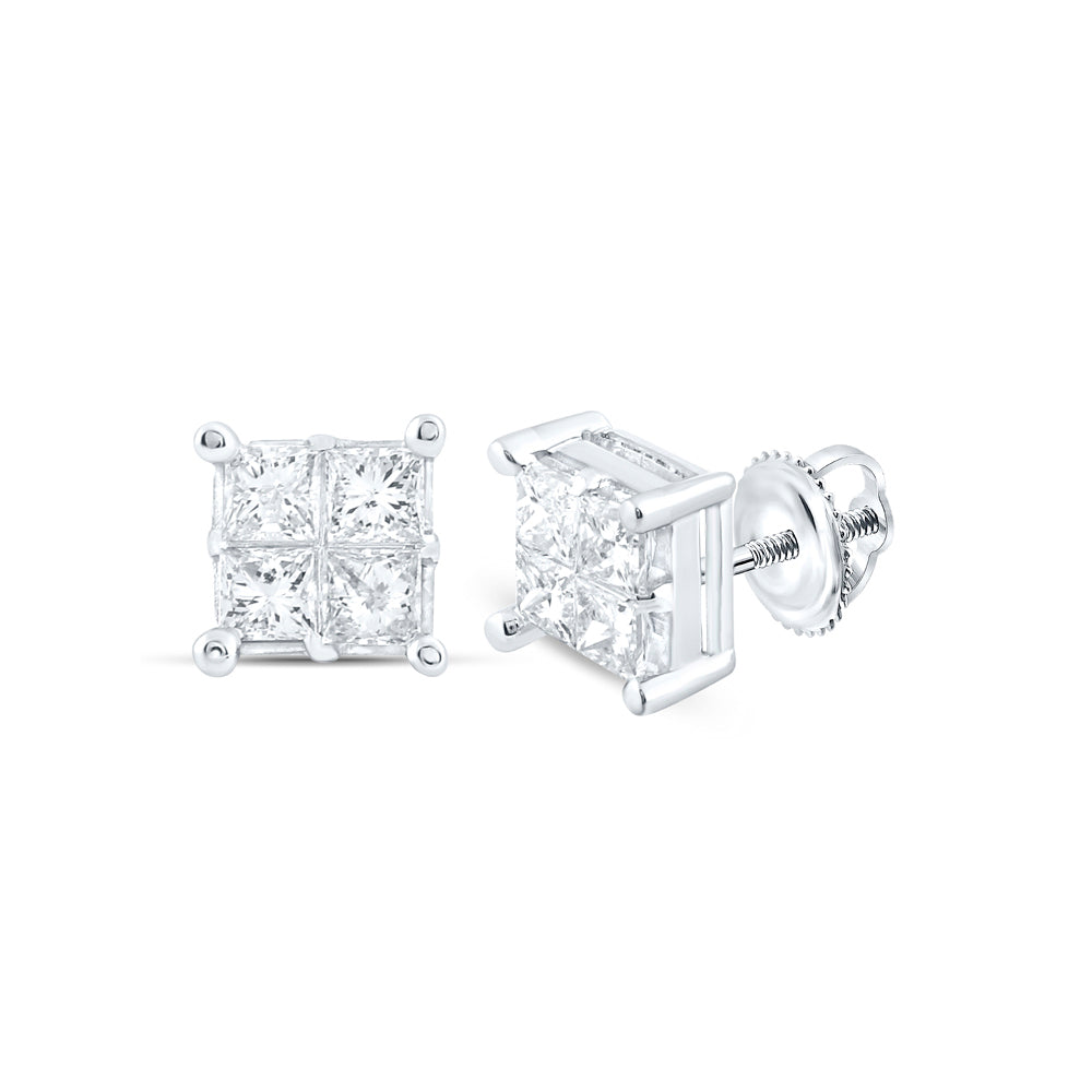 14kt White Gold Womens Princess Diamond Square Cluster Stud Earrings 1.00 Cttw