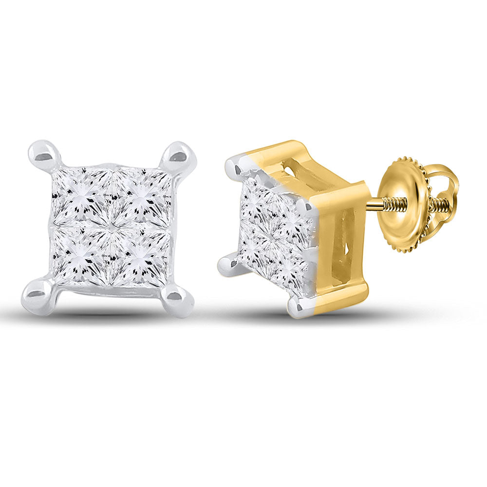 14kt Yellow Gold Womens Princess Diamond Square Cluster Stud Earrings 1/4 Cttw